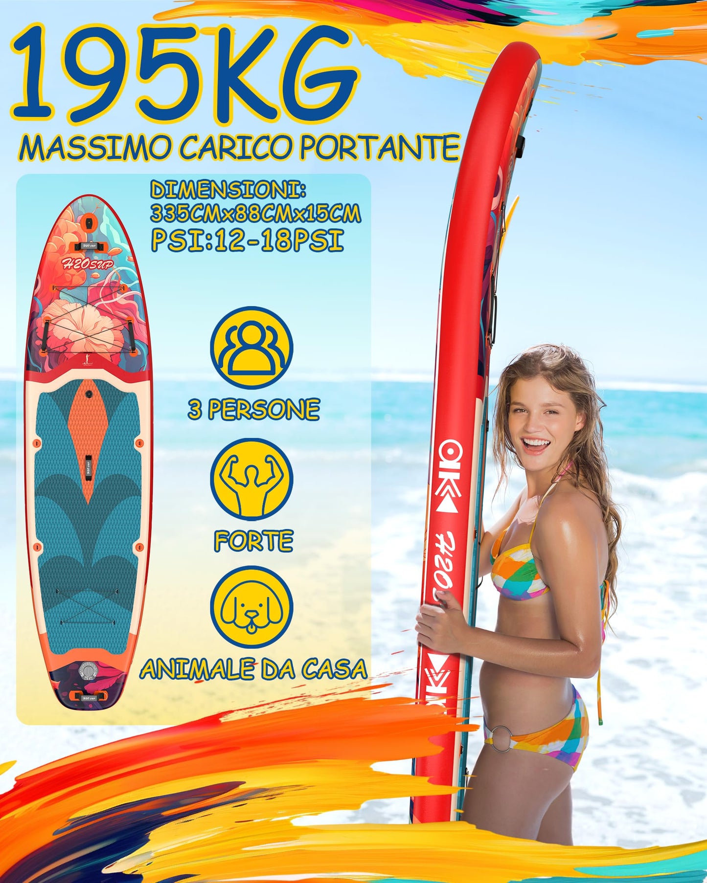 H2OSUP Tabla Paddle Surf Hinchable - Paddle Surf Hinchable para 2+1 Personas/Familia con Accesorios, 335 * 88cm Stand Up Paddleboard para Adultos & Todos los Niveles (Rojo)