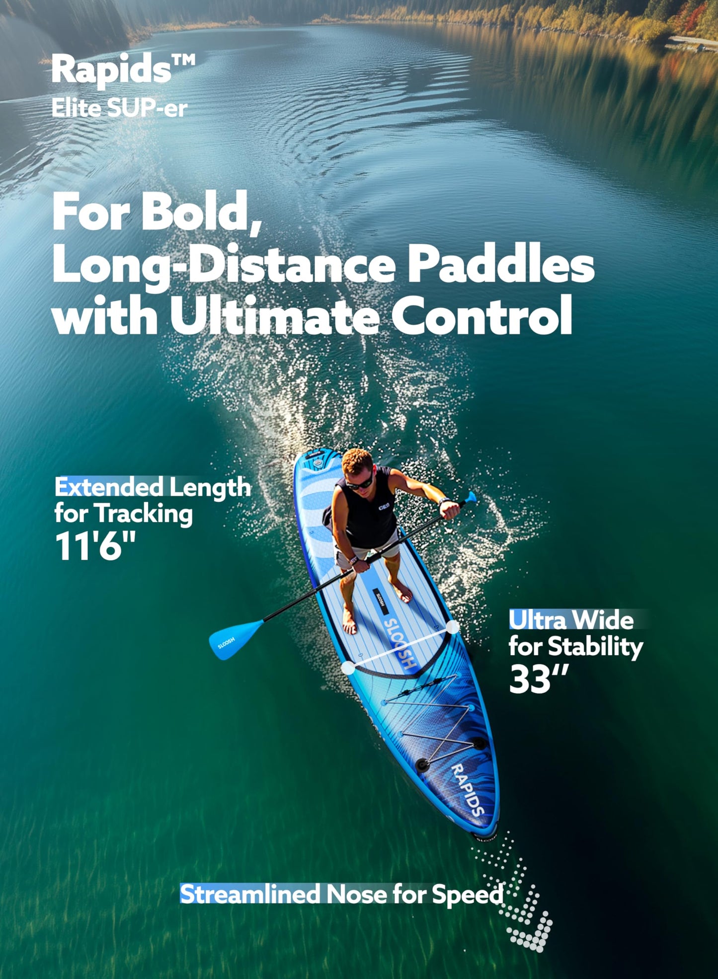 SLOOSH Tabla de Paddle Surf Hinchable, 11'6" Stand-Up Paddle con Accesorios Premium, Cubierta de EVA Antideslizante, Bolsa de Transporte con Bomba, Rapids Sup para Jóvenes & Adultos, Deriva Ártica
