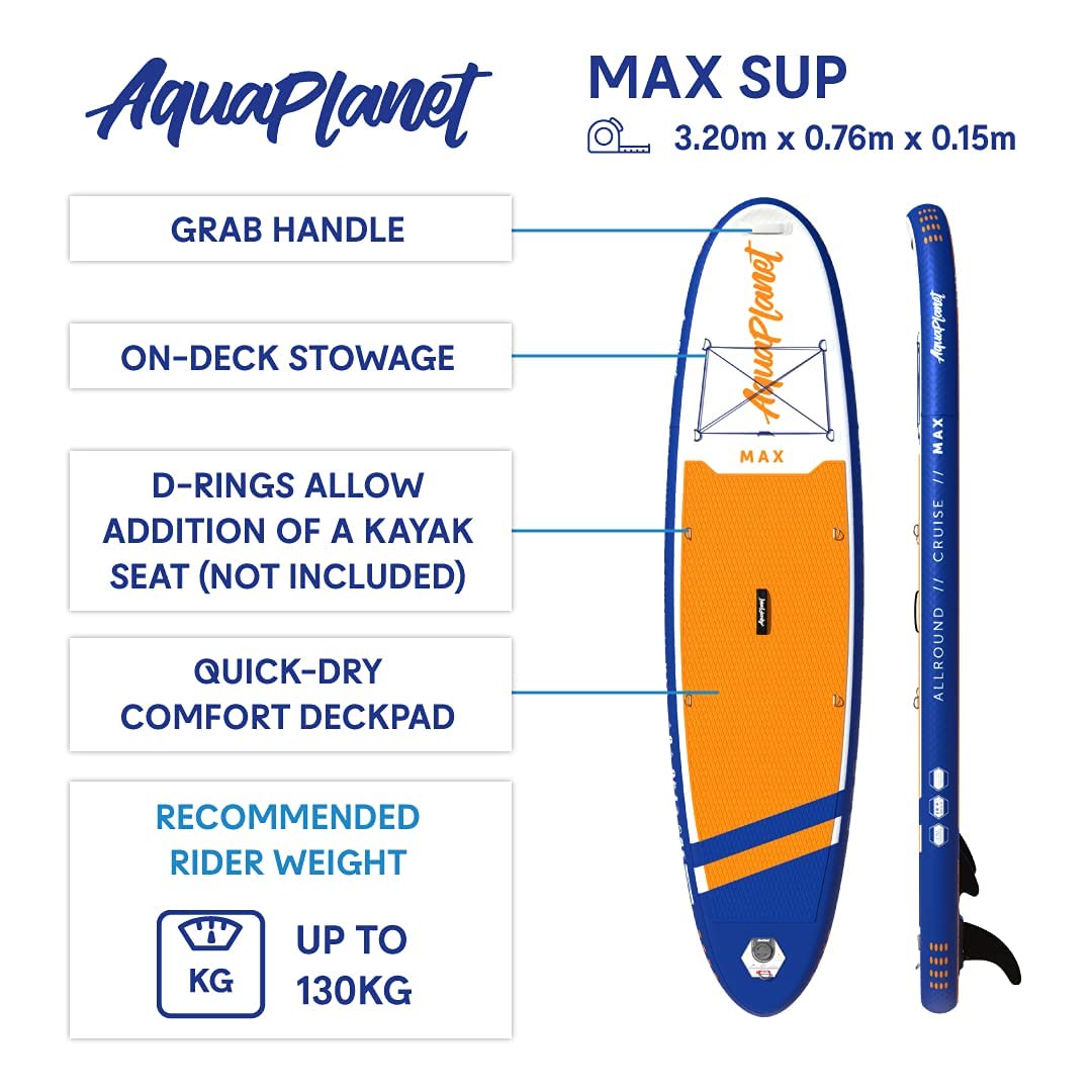 Aquaplanet MAX Kit Completo para Sup (Tabla de 3,2 x 76 cm x 15 cm). con Bomba de Aire, Pala, Mochila, Correa para la Pierna, Bolsa de Surf Impermeable, Correa para el Hombro y más