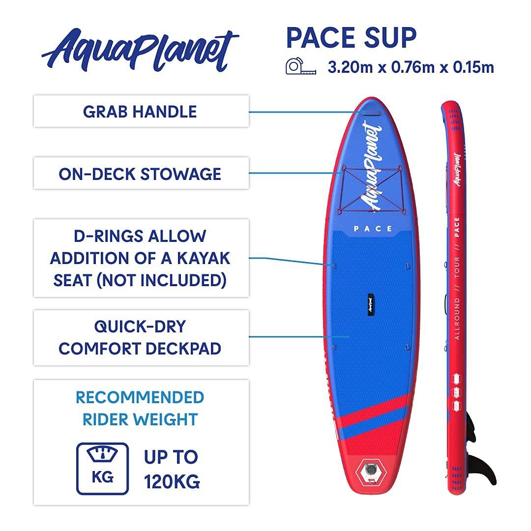 Aquaplanet Pace Kit Completo para Sup (Tabla de 3,2 x 76 cm x 15 cm). con Bomba de Aire, Pala, Mochila, Correa para la Pierna, Bolsa de Surf Impermeable, Correa para el Hombro y más