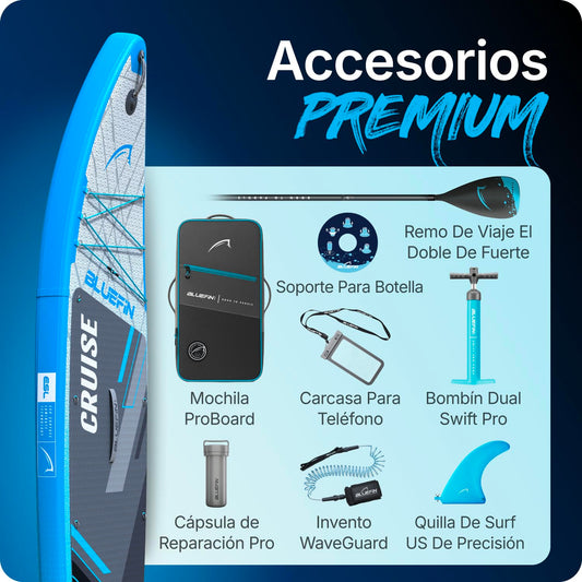 Bluefin Cruise Paddle Board Hinchable de 10’8 Azul | Pack y Accesorios Sup Premium | Alfombrilla Antideslizante y Ligera |Paddleboard All-Round de 6’ de Grosor|Tabla de Paddle para Adultos y Jóvenes