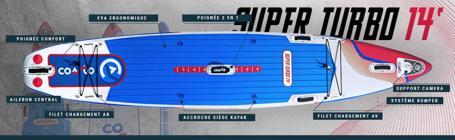 Coasto Super Turbo Tabla Sup, Adultos Unisex, Azul/Blanco/Rojo, 14'