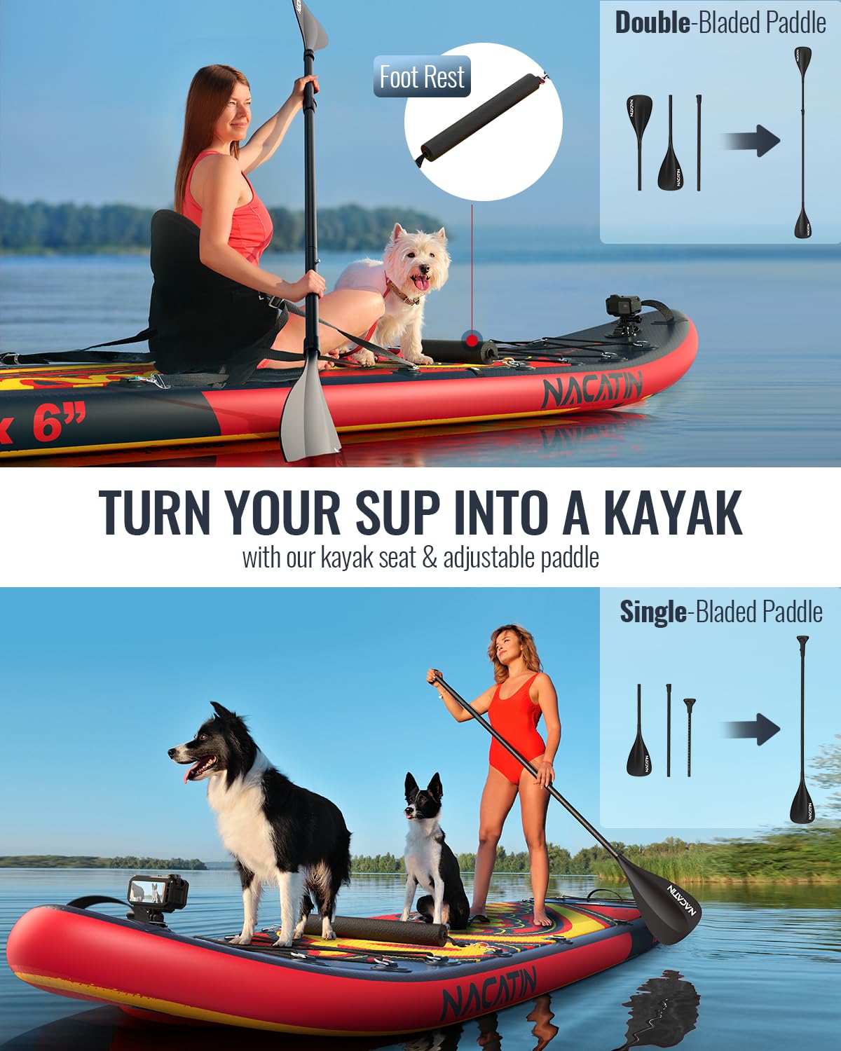 Tabla de paddle para la familia, tabla de remo hinchable de 12 pulgadas con kit de conversión de kayak, kit completo de surf para adultos, con remo individual o doble, asiento de kayak y otros