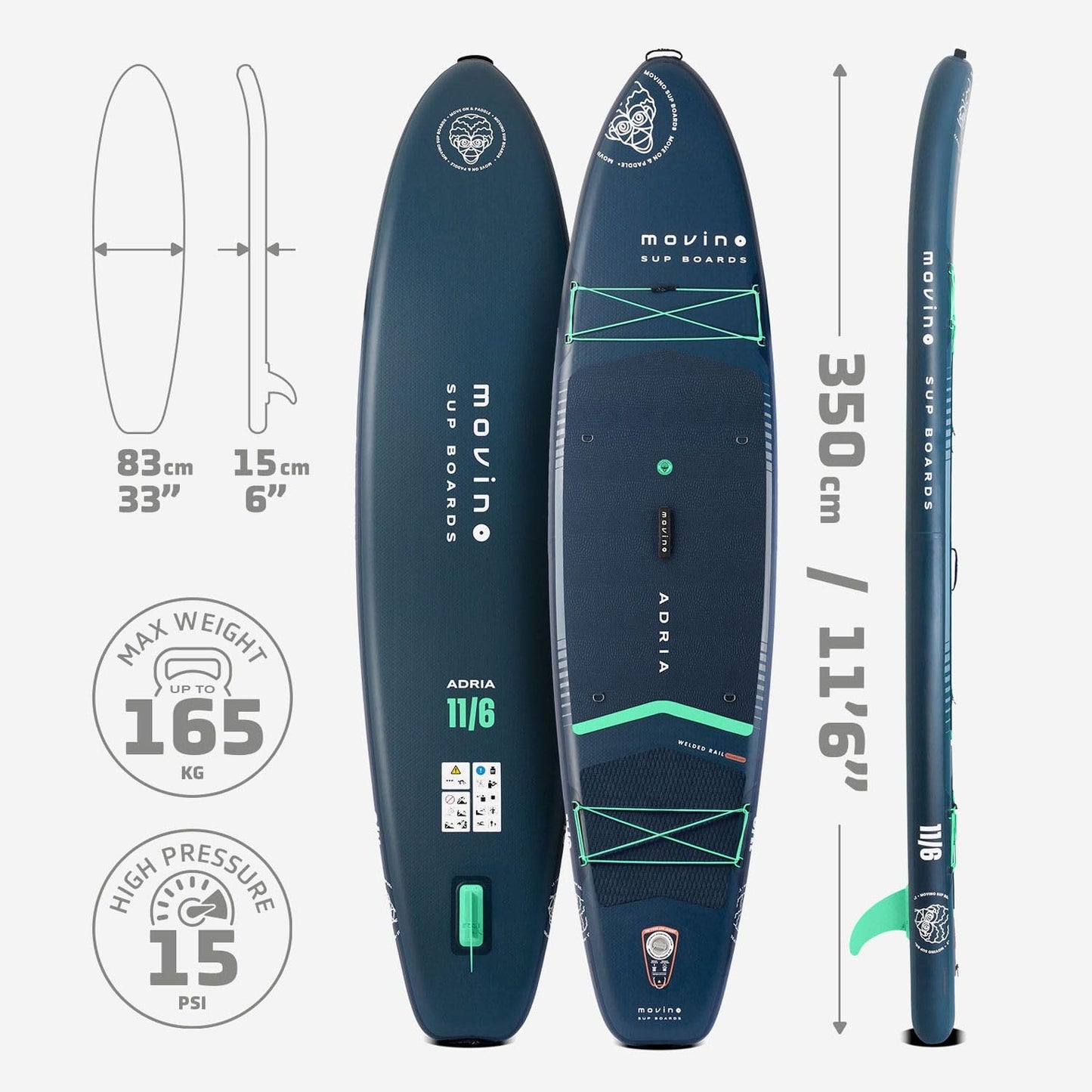 Movino Tabla Paddle Surf Hinchable - 2en1 Sup Kayak - hasta 165 kg - con Pala - 350 x 83 x 15 cm - Stand Up Paddle Board Adria 11'6”