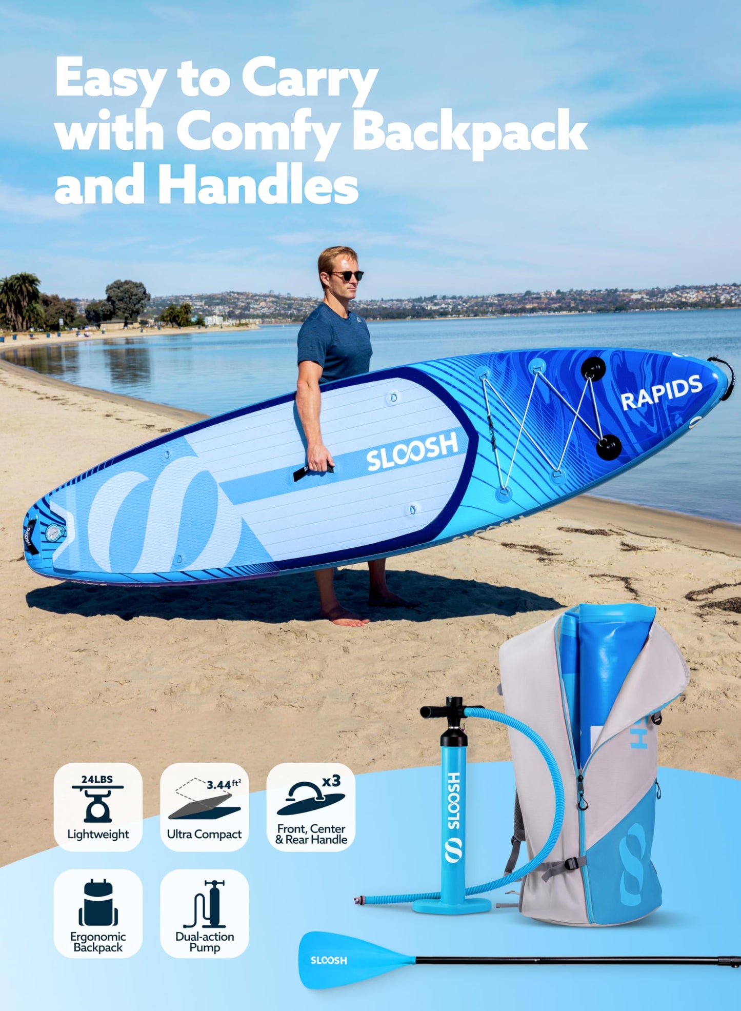 SLOOSH Tabla de Paddle Surf Hinchable, 11'6" Stand-Up Paddle con Accesorios Premium, Cubierta de EVA Antideslizante, Bolsa de Transporte con Bomba, Rapids Sup para Jóvenes & Adultos, Deriva Ártica