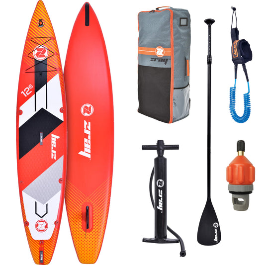 ZRAY R1 Racing SUP Board Set completo 381 x 76 x 15 cm | Tabla de surf hinchable para 1 persona | Tabla de recorrido rápido incluye bomba, remo y mochila | robusta SUP para entrenamiento y carreras