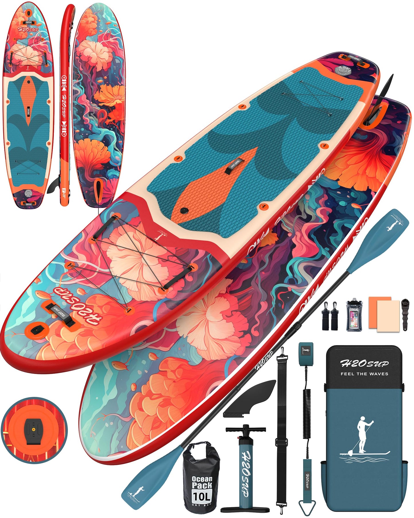 H2OSUP Tabla Paddle Surf Hinchable - Paddle Surf Hinchable para 2+1 Personas/Familia con Accesorios, 335 * 88cm Stand Up Paddleboard para Adultos & Todos los Niveles (Rojo)