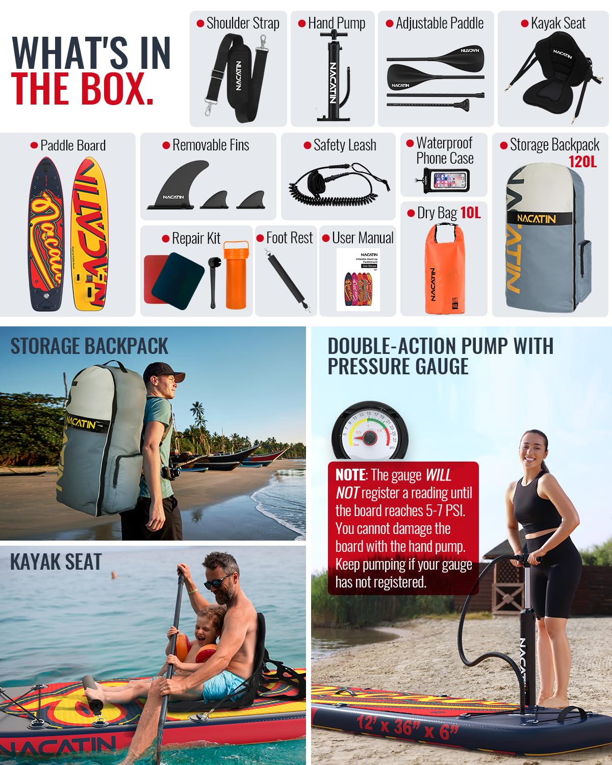 Tabla de paddle para la familia, tabla de remo hinchable de 12 pulgadas con kit de conversión de kayak, kit completo de surf para adultos, con remo individual o doble, asiento de kayak y otros