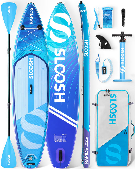 SLOOSH Tabla de Paddle Surf Hinchable, 11'6" Stand-Up Paddle con Accesorios Premium, Cubierta de EVA Antideslizante, Bolsa de Transporte con Bomba, Rapids Sup para Jóvenes & Adultos, Deriva Ártica