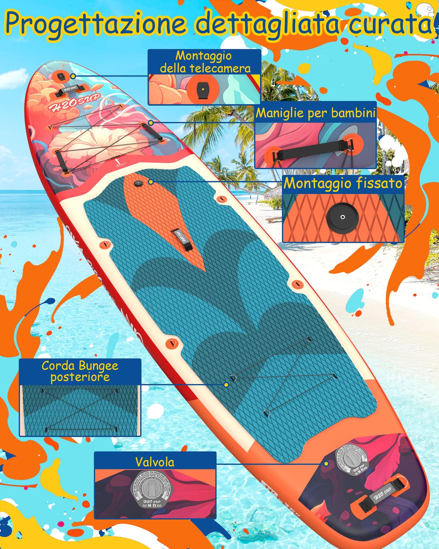 H2OSUP Tabla Paddle Surf Hinchable - Paddle Surf Hinchable para 2+1 Personas/Familia con Accesorios, 335 * 88cm Stand Up Paddleboard para Adultos & Todos los Niveles (Rojo)